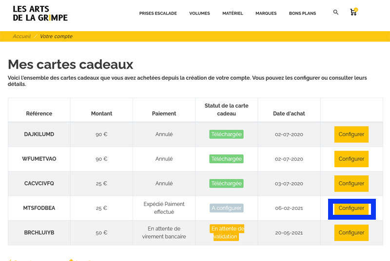 configurer votre carte cadeau