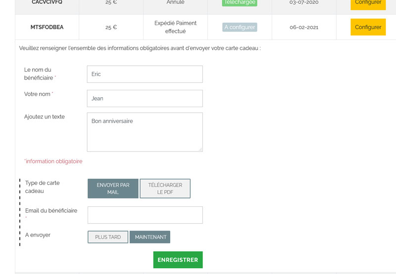 envoi par email de votre carte cadeau